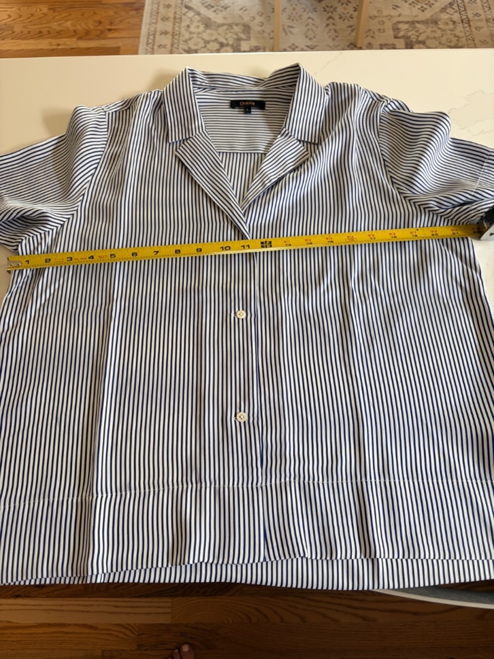New Quince Washable Stretch Silk Short Sleeve Blouse Navy/white stripe Large - Picture 1 of 8